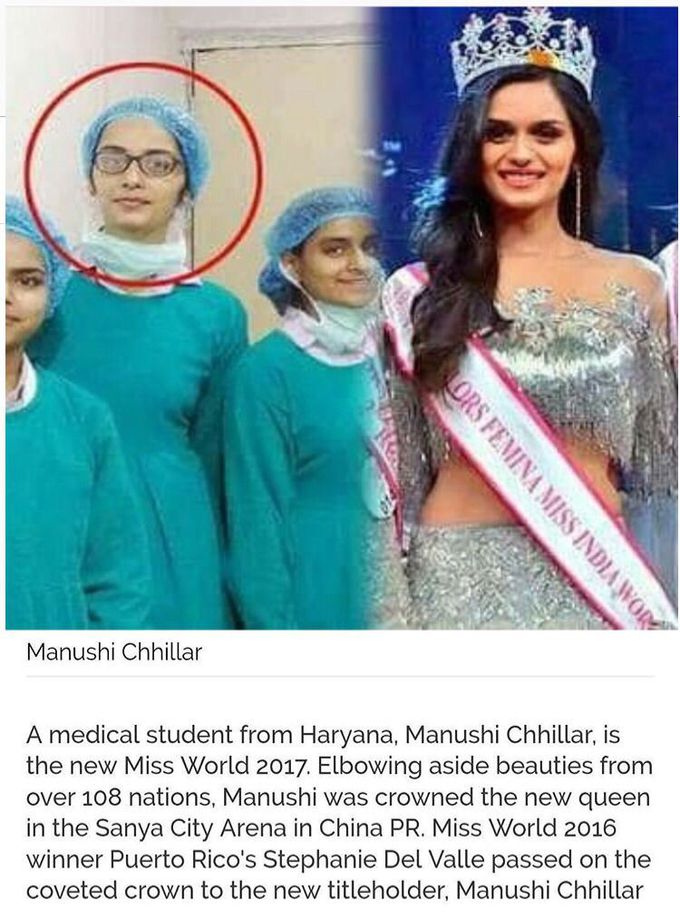 MISS WORLD 🗺 'MANUSHI CHHILLAR' WHO HAILS  FROM SONEPAT IS A 2ND YEAR MBBS STUDENT 👨‍🎓
