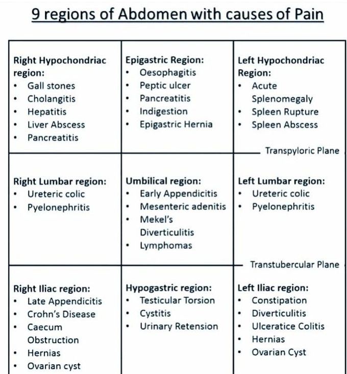 Regions of abdomen with causes of pain