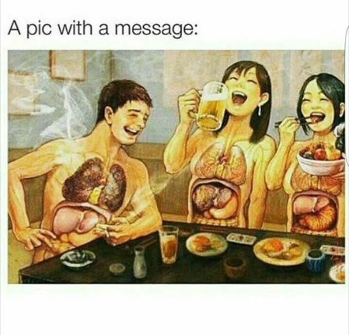 Cigarette-damage lungs,alcohol-damage liver,unhealthy food- damage stomach