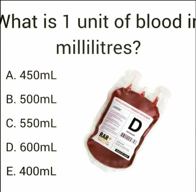 What is the amount of unit of blood in milliliter??