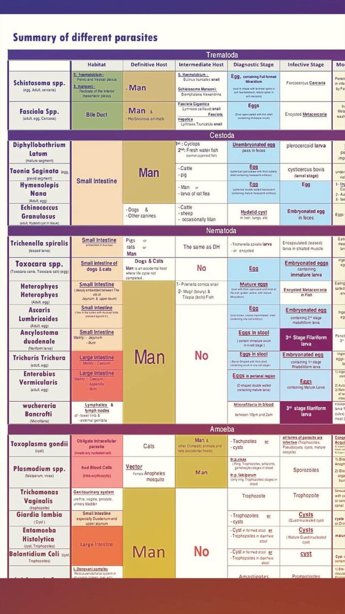 Summay of different parasites