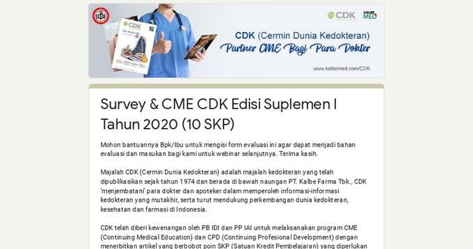 Survey & CME CDK Edisi Suplemen I Tahun 2020 (10 SKP)