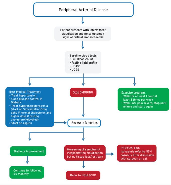 All patients with critical limb ischaemia (rest pain, tissue loss / non healing ulcers / gangrene) or acute limb ischaemia are to be discussed with MO/ registrar on call and should be seen as emergencies the EU. Candidates for revascularisation must be discussed with the Vascular Surgery Unit at GSH early.

Remember acute limb ischaemia, will present with a short sudden history of acute severe pain, usually a cold limb which will be pulseless, pale and insensate or have paraesthesia. If there is motor fallout or skin staining the limb will not be salvageable.