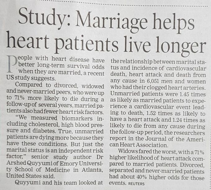 MARRIAGE HELPS HEART ❣ PATIENTS LIVE LONGER