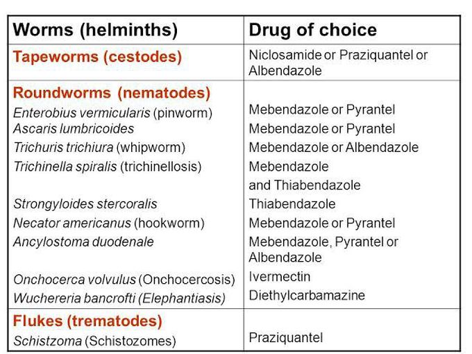 Summary of antihelmintic drugs