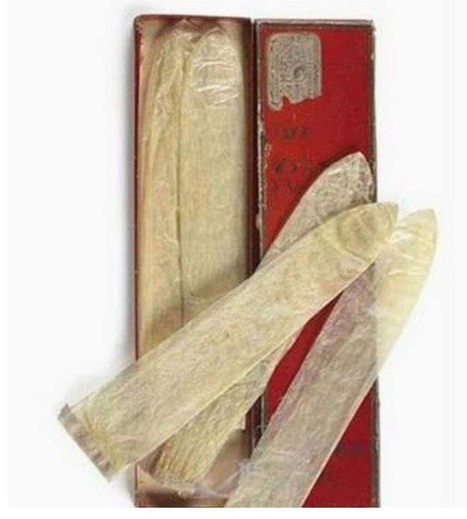 These are 110 year old condoms made from fish bladders.They were often used up to 10 times before being discarded