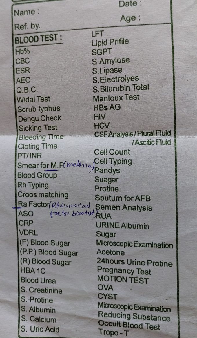 Prescribing a correct test proves the quality of a doctor😊😊These are the different kinds of tests to be performed in laboratory😍😍