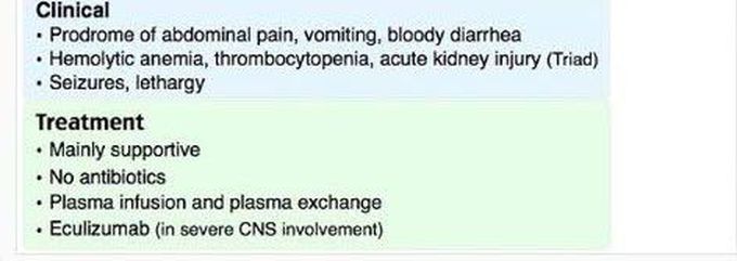 These are the clinical features and treatment of Hemolytic uremic syndrome