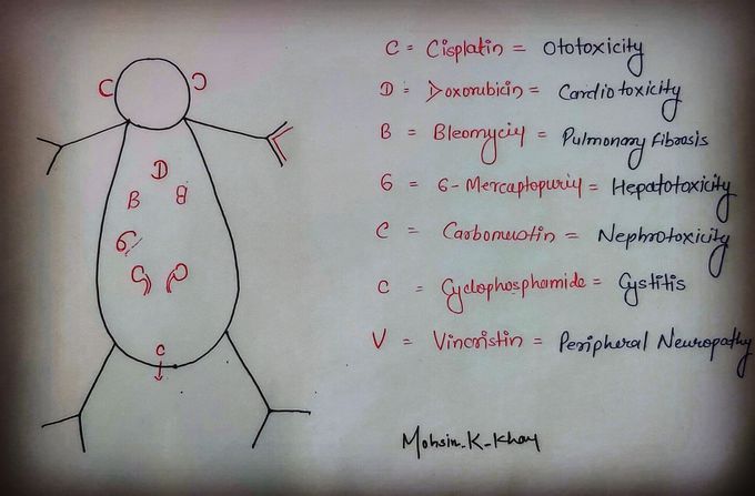 Few important antineoplastic drugs and their major side effects